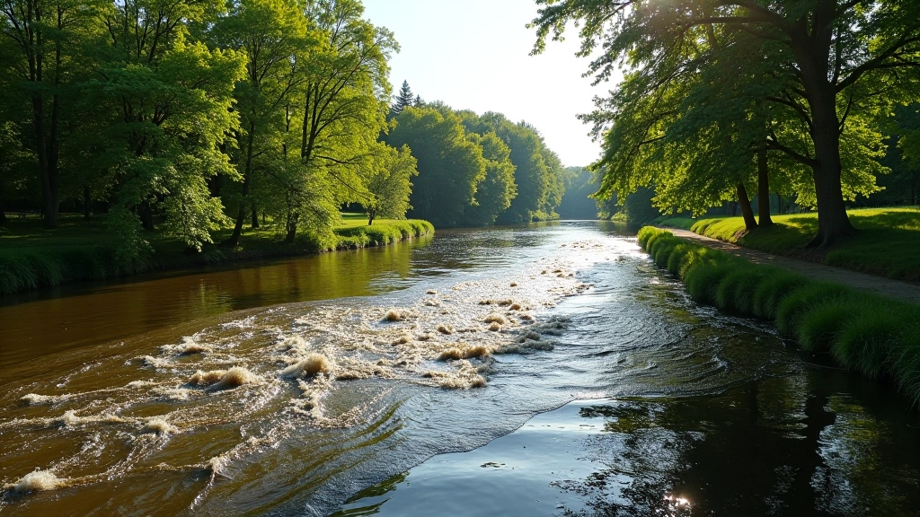 Jelgavas Lielupes upes piekļuve pie kanāla, ūdens ainavas skats, kur plūst ietekas