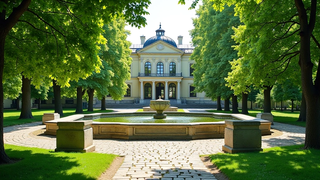 Jelgavas pils dārzu laukums ar vēsturiskiem kokiem, akmeņu iežogojumiem un tilta vīpnēm